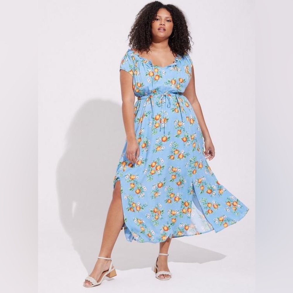 Torrid 2X Plus Peach Print Sky Blue Maxi Peasant Dress Stretchy!